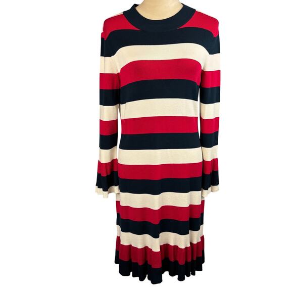 Loft Red White Blue Striped Dress Ribbed Flutter Bell Sleeves Ruffle Bottom New - Picture 1 of 13